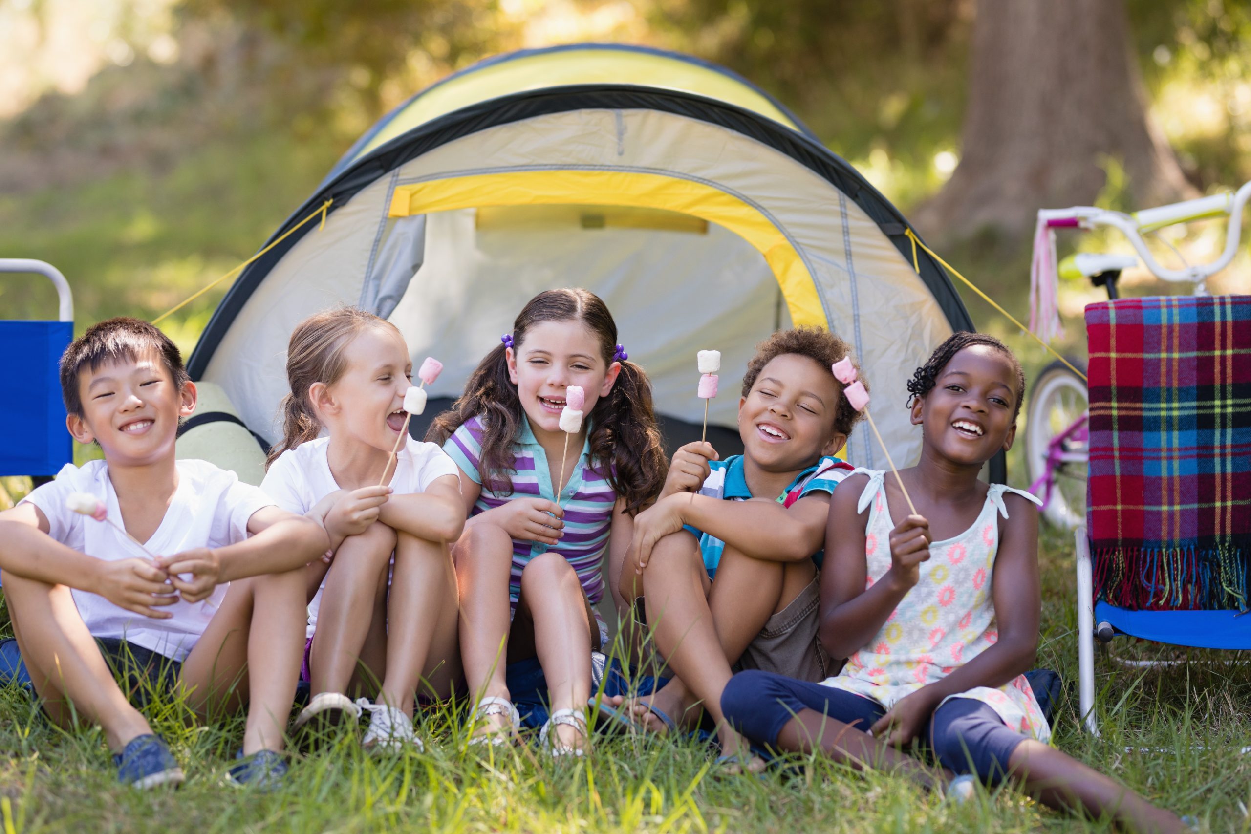 Group of children roasting marshmallows at a campsite